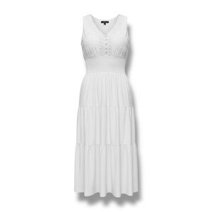 Vintage 90s Mlle Gabrielle White Boho Maxi Sleeveless Dress Embroidered Bodice L